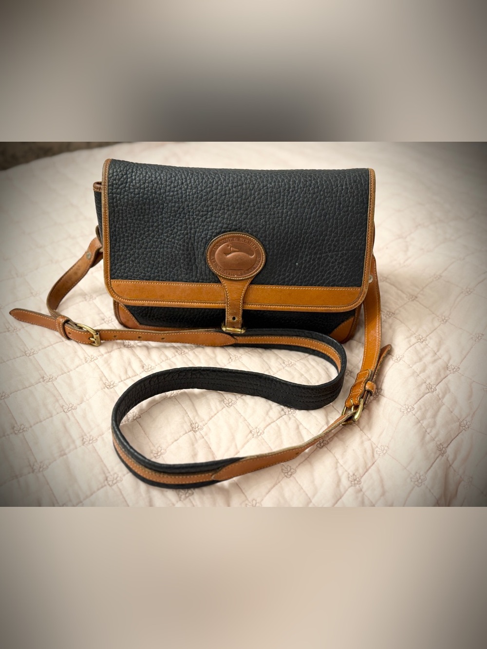 VINTAGE 1990’s Dooney & Bourke Navy Leather Crossbody with Tan Trim